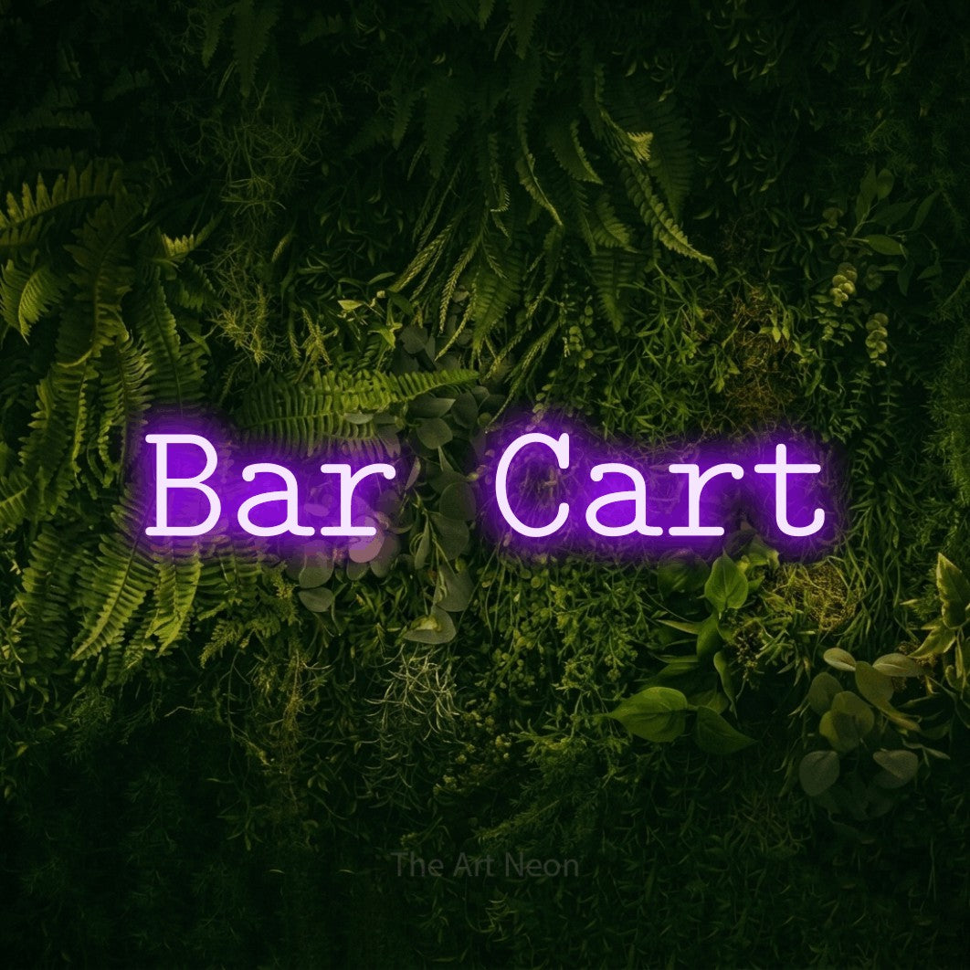 Purple LED neon sign reading "Bar Cart" against a moss-covered green wall for bar décor
