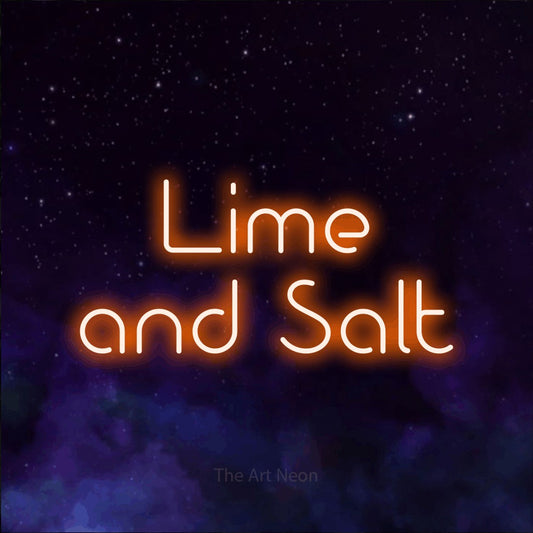 Orange LED neon sign reading "Lime and Salt" against a purple galaxy background for bar décor