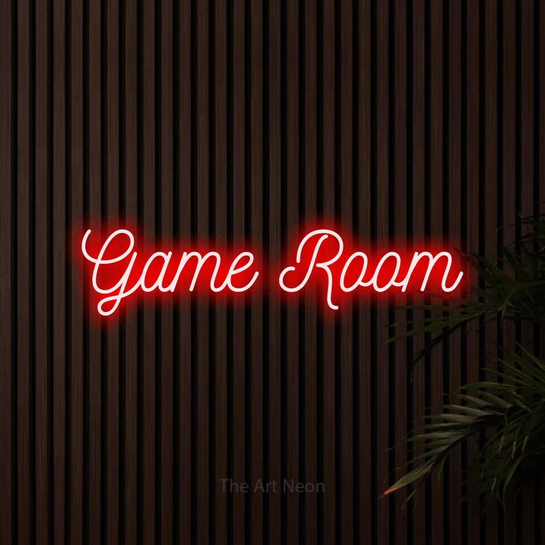 Enseigne néon à DEL à lumière rouge, de style manuscrit, affichant « Game Room » sur des lattes de bois foncé, pour décorer une salle de jeu