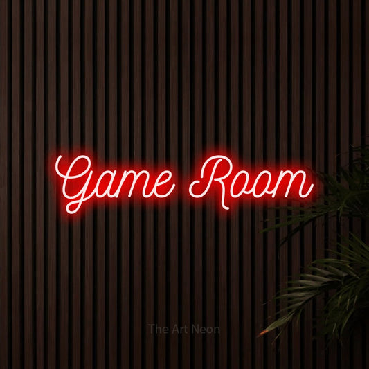 Red script-style LED neon sign reading "Game Room" against dark wooden slats for gaming room décor