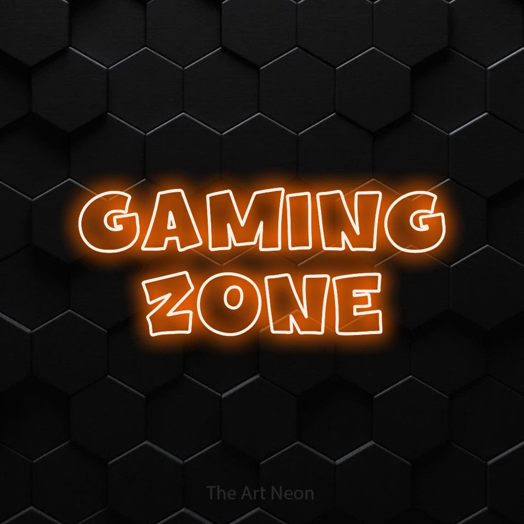 Enseigne néon à DEL à lumière orange, de style contour, affichant « Gaming Zone » sur un mur hexagonal noir, pour décorer une salle de jeu