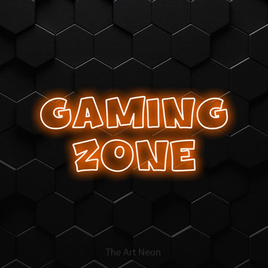 Orange outline-style LED neon sign reading "Gaming Zone" against a black hexagonal wall for gaming room décor