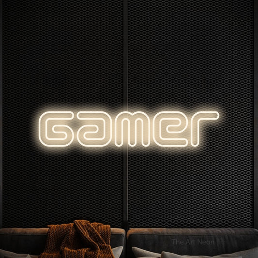Warm white outline-style LED neon sign reading "Gamer" against a black textured wall for gaming room décor