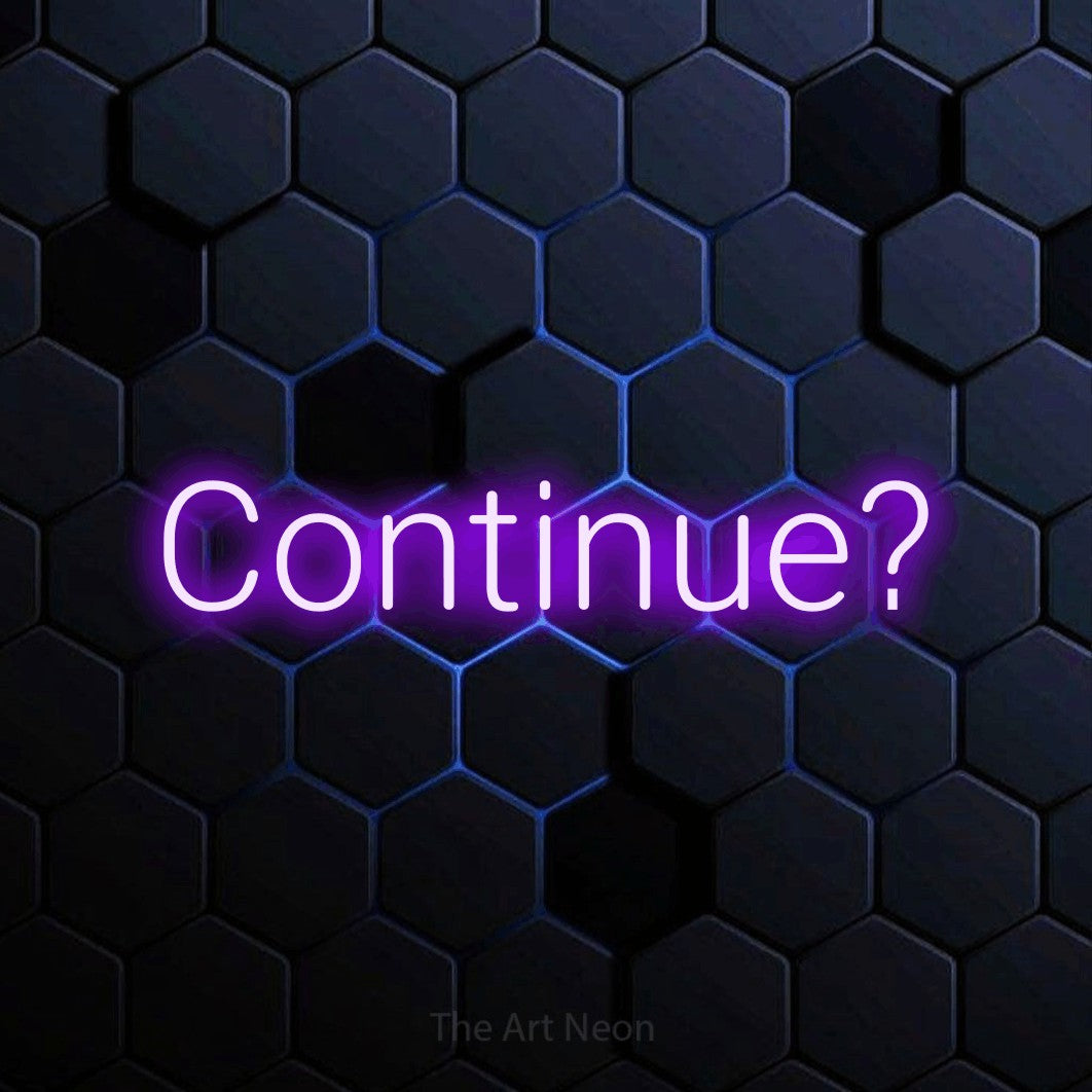 Purple LED neon sign reading "Continue?" against a blue hexagonal wall for gaming room décor