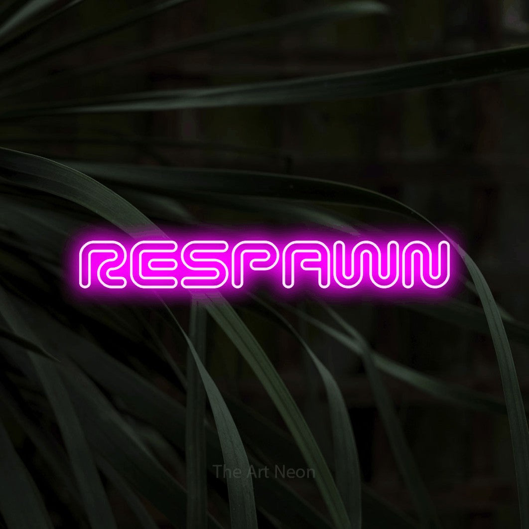 Pink outline-style LED neon sign reading "Respawn" against dark tropical leaves for gaming room décor