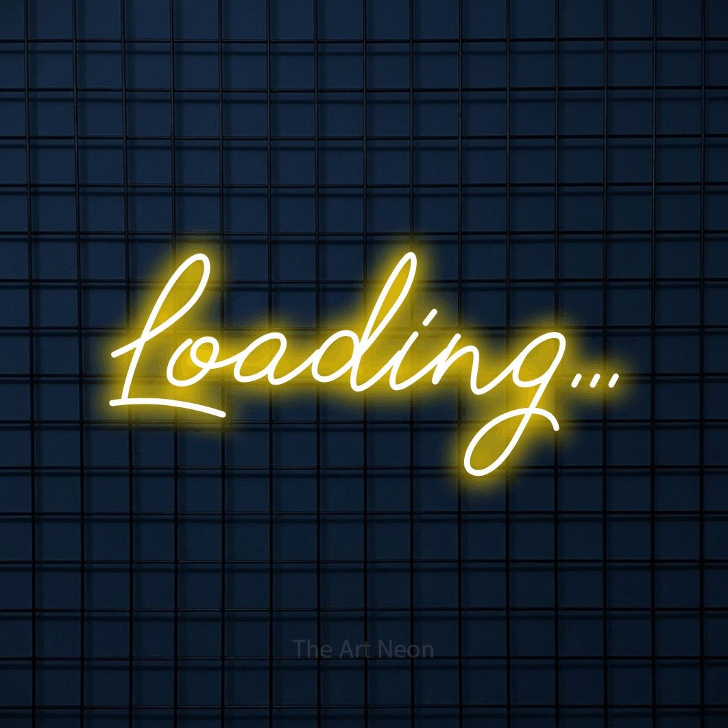 Yellow script-style LED neon sign reading "Loading..." against a dark blue tiled wall for gaming room décor
