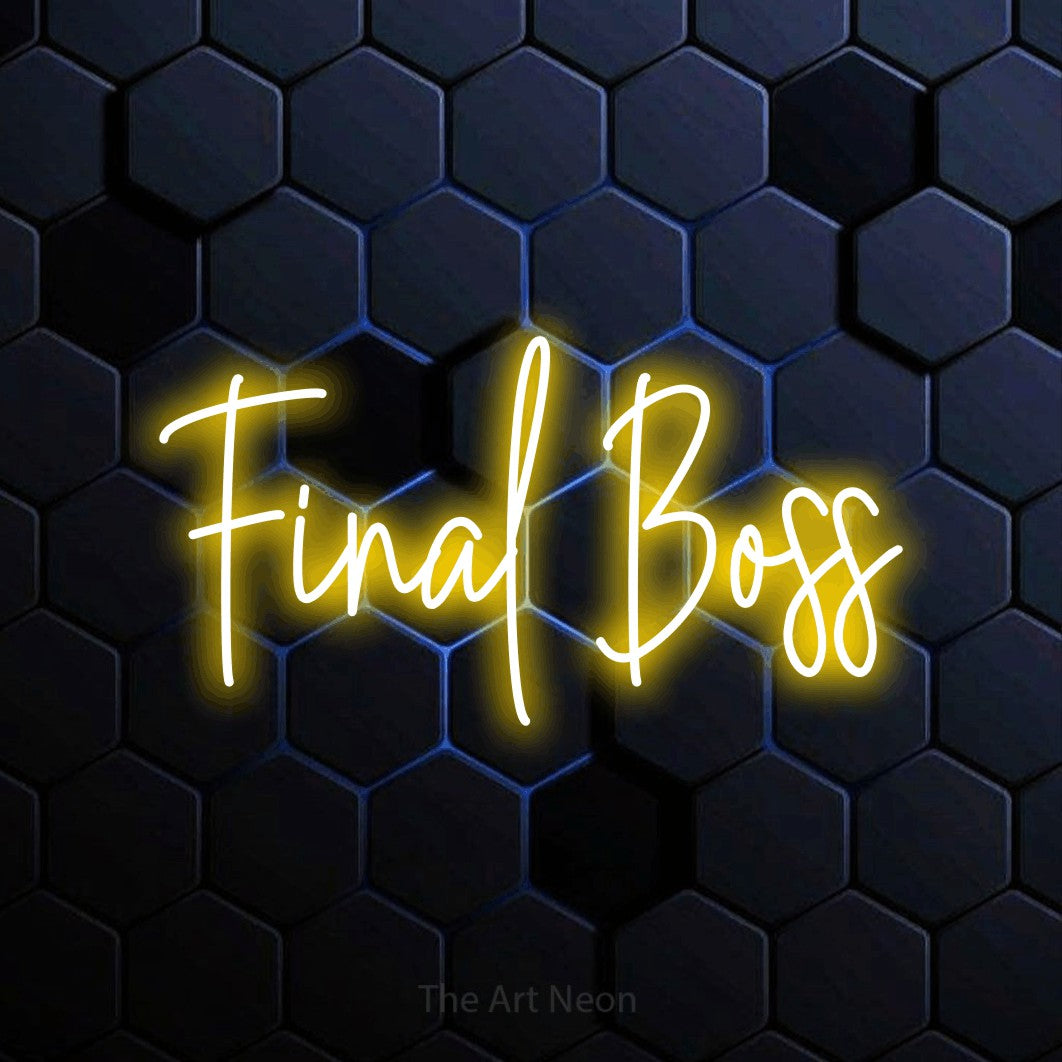 Enseigne néon à DEL à lumière jaune, de style manuscrit, affichant « Final Boss » sur un mur hexagonal bleu, pour décorer une salle de jeu