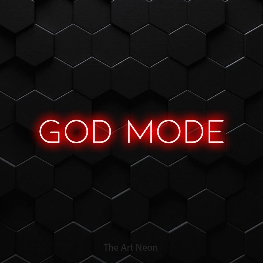 Enseigne néon à DEL à lumière rouge, affichant « God Mode » sur un mur hexagonal noir, pour décorer une salle de jeu