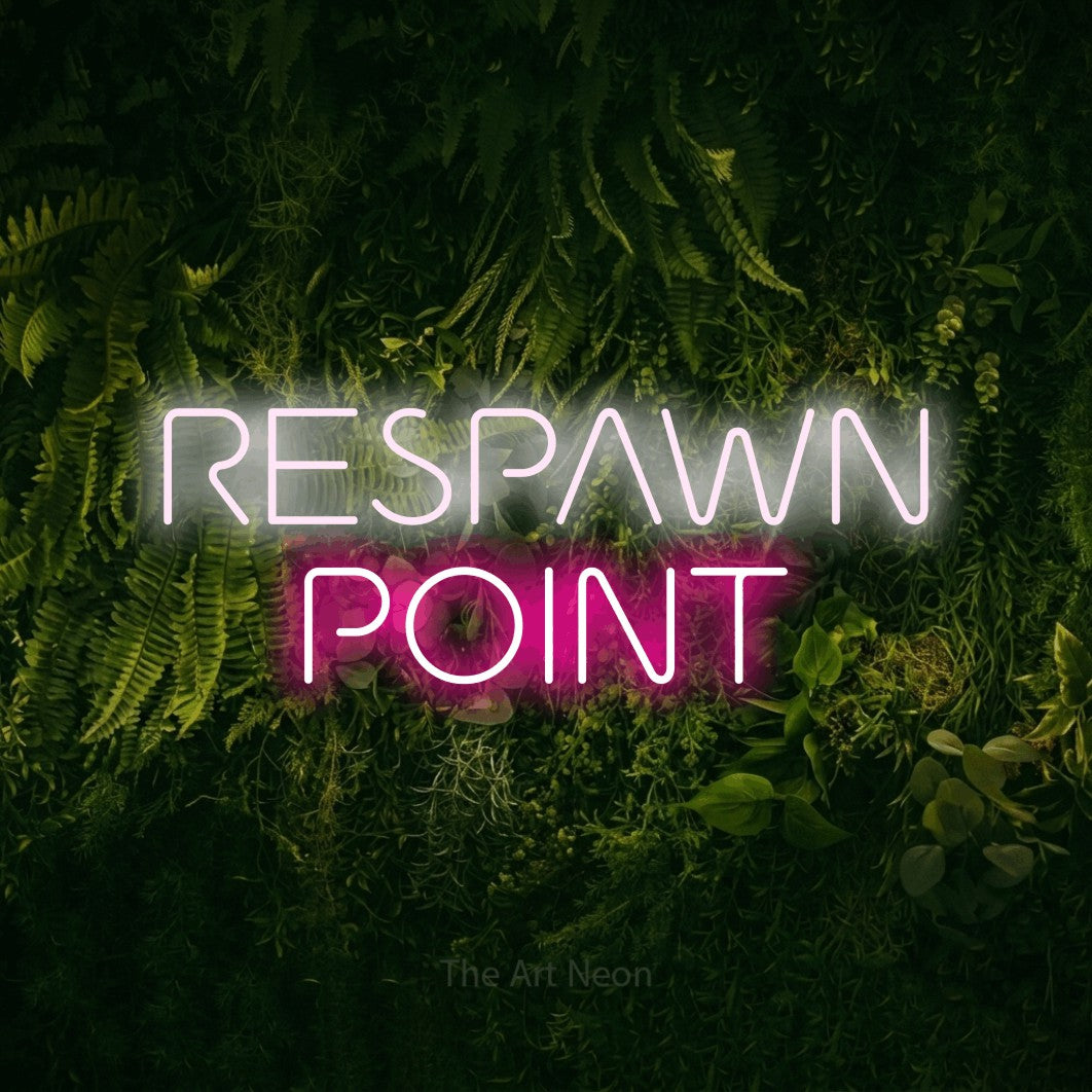 Hot pink and cool white LED neon sign reading "Respawn Point" against a moss-covered green wall for gaming room décor