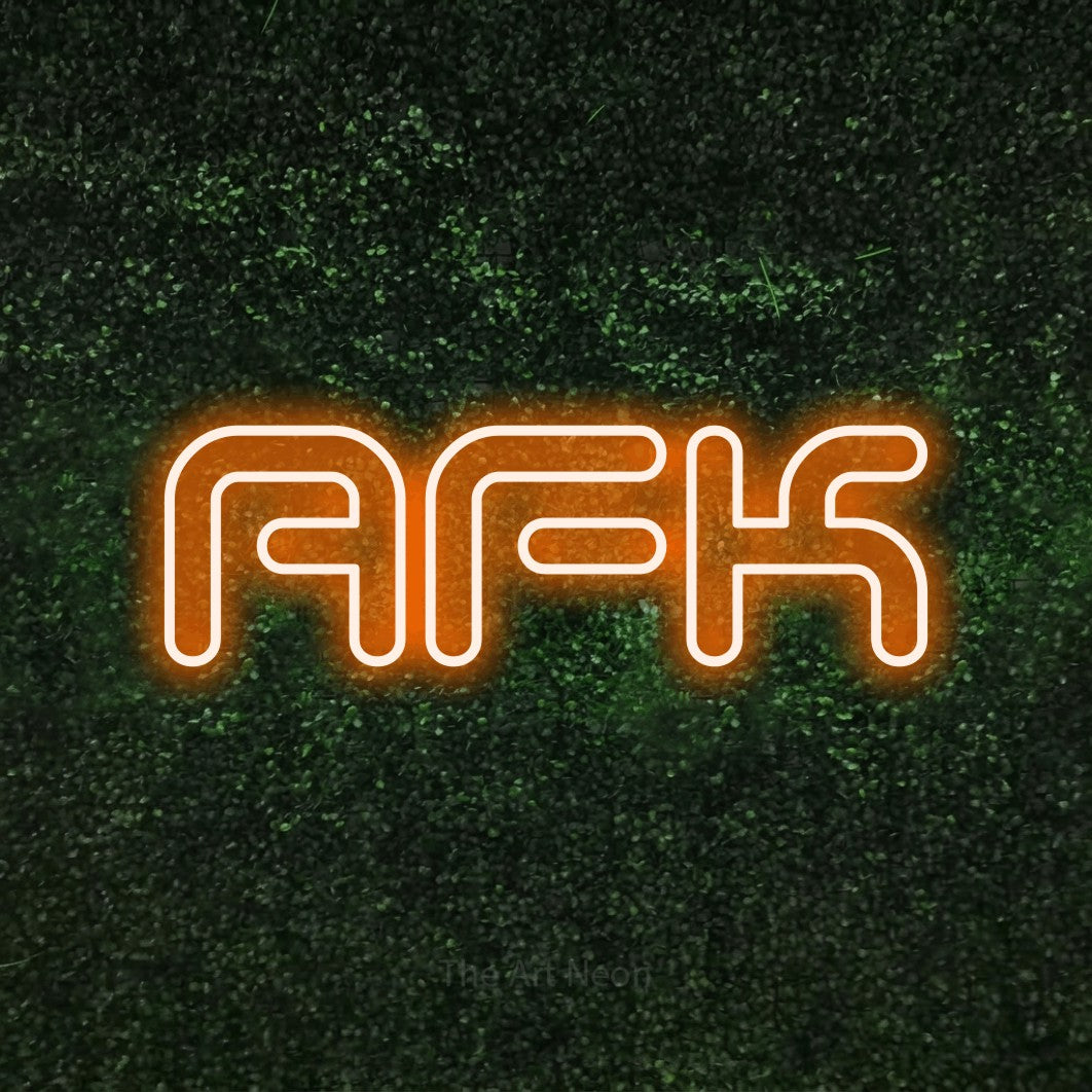 Orange outline-style LED neon sign reading "AFK" against a textured green moss wall for gaming room décor