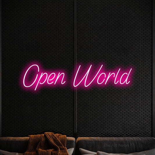 Hot pink LED neon sign reading "Open World" against a black textured wall for gaming room décor