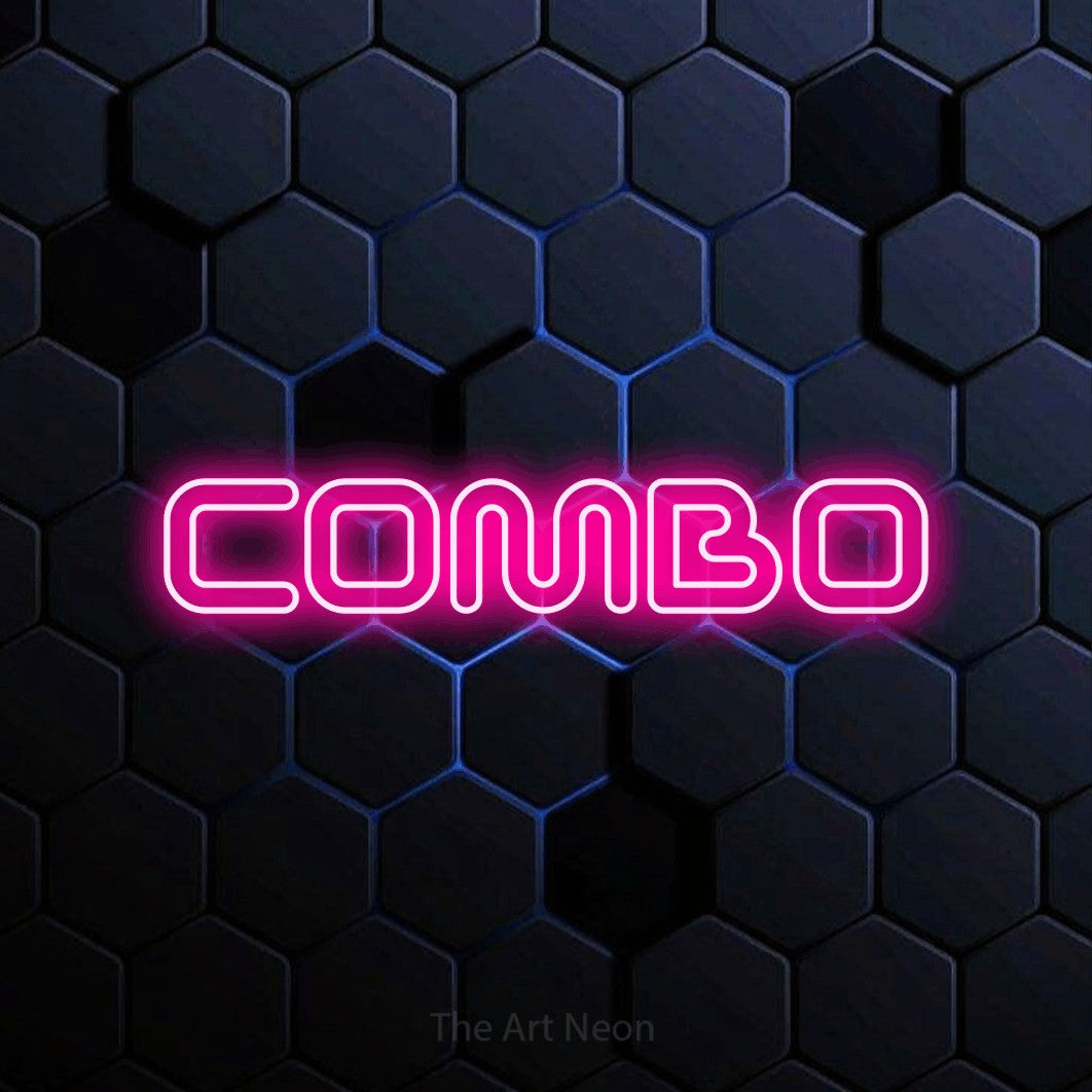 Hot pink outline-style LED neon sign reading "Combo" against a blue hexagonal wall for gaming room décor