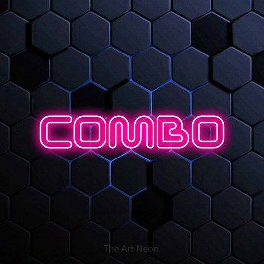 Hot pink outline-style LED neon sign reading "Combo" against a blue hexagonal wall for gaming room décor