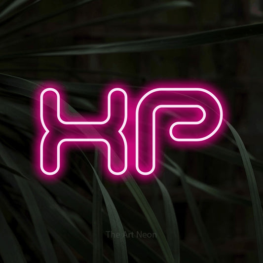 Hot pink outline-style LED neon sign reading "XP" against dark tropical leaves for gaming room décor