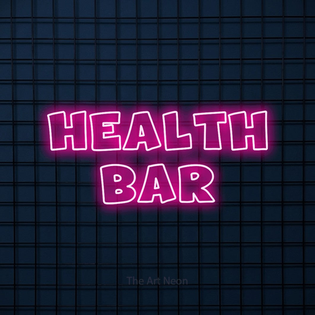Enseigne néon à DEL à lumière rose vif, de style contour, affichant « Health Bar » sur un mur carrelé bleu foncé, pour décorer une salle de jeu