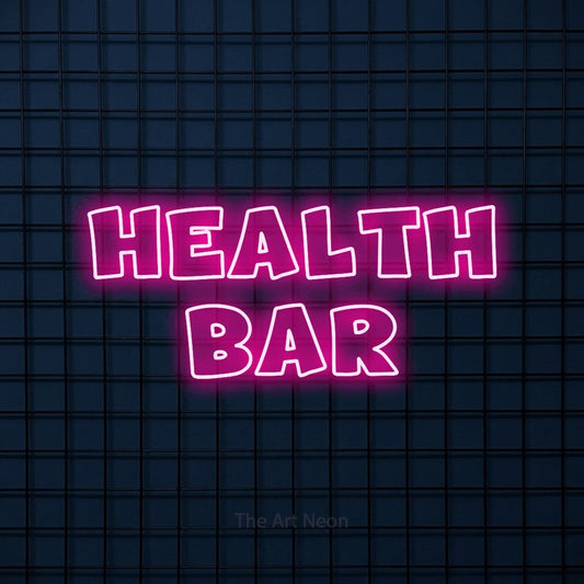 Hot pink outline-style LED neon sign reading "Health Bar" against a dark blue tiled wall for gaming room décor
