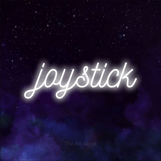 Cool white script-style LED neon sign reading "Joystick" against a purple galaxy background for gaming room décor