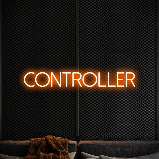 Orange LED neon sign reading "Controller" against a black textured wall for gaming room décor