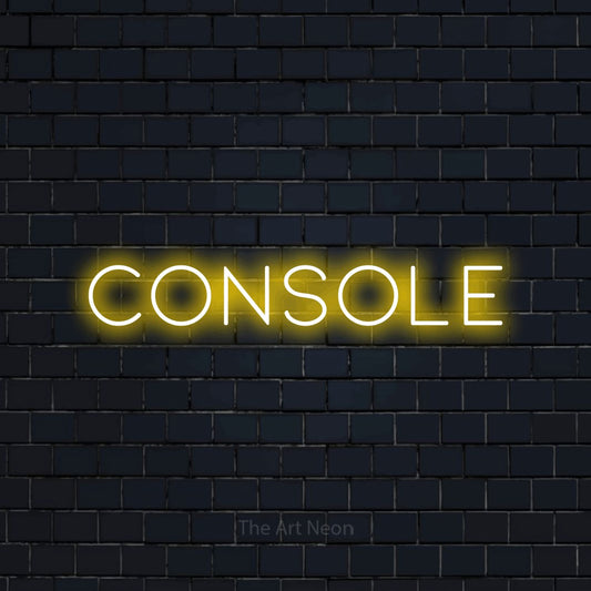 Yellow LED neon sign reading "Console" against a dark navy brick wall for gaming room décor