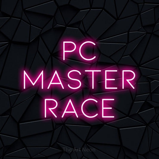 Hot pink LED neon sign reading "PC Master Race" against a black faceted wall for gaming room décor