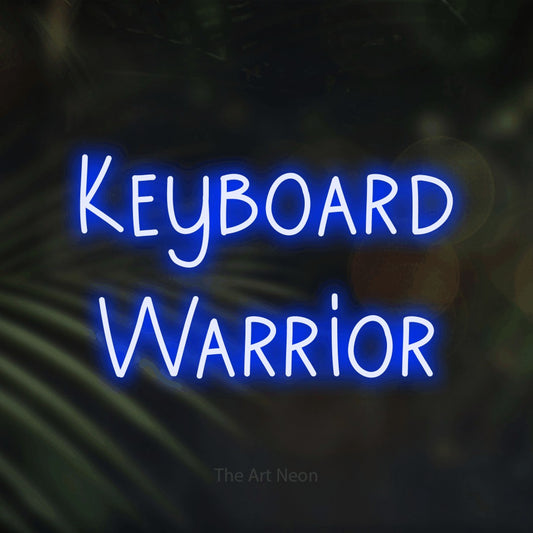 Blue LED neon sign reading "Keyboard Warrior" against dark blurred palm leaves for gaming room décor