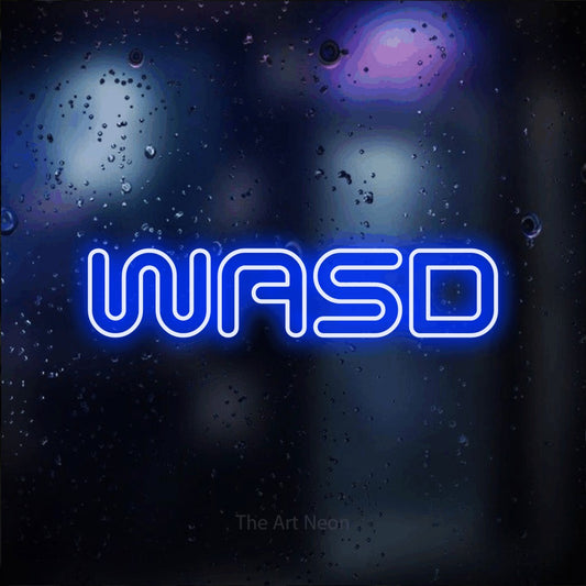 Blue outline-style LED neon sign reading "WASD" against a dark blue bokeh background for gaming room décor