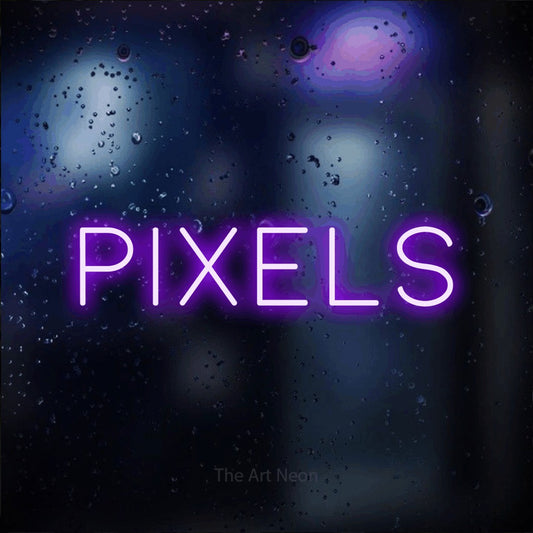 Purple LED neon sign reading "Pixels" against a dark blue bokeh background for gaming room décor