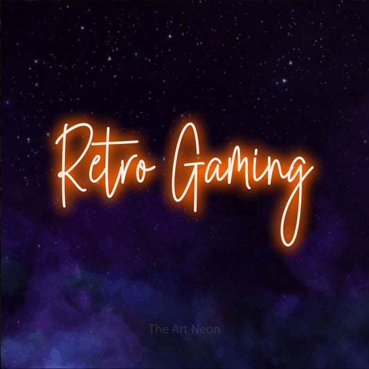 Orange script-style LED neon sign reading "Retro Gaming" against a purple galaxy background for gaming room décor
