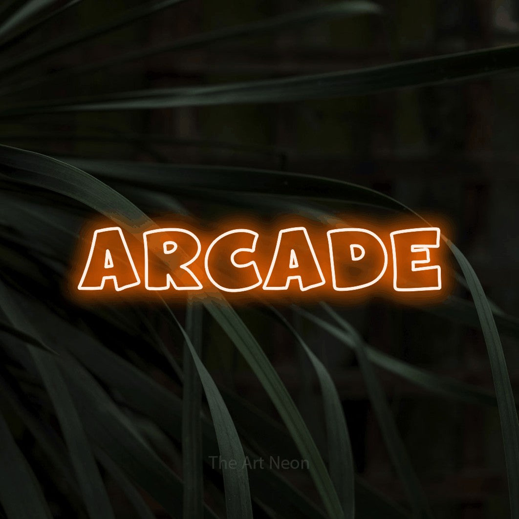 Orange outline-style LED neon sign reading "Arcade" against dark tropical leaves for gaming room décor