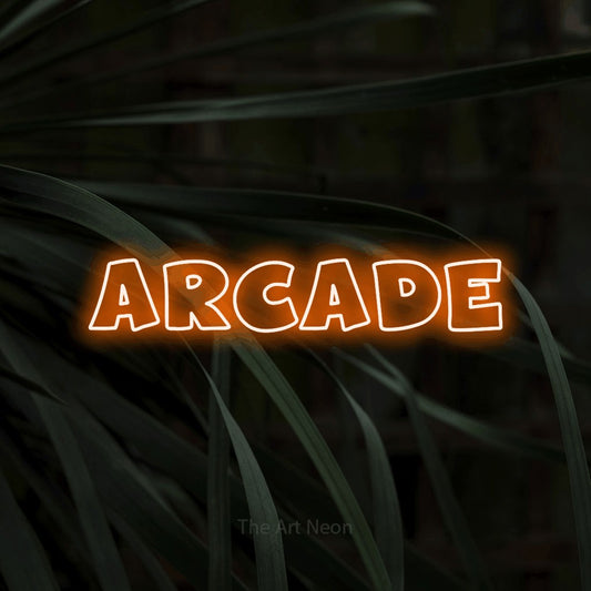 Orange outline-style LED neon sign reading "Arcade" against dark tropical leaves for gaming room décor