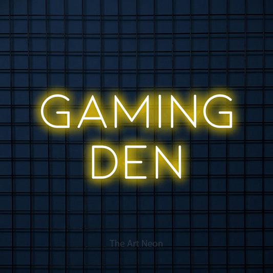 Yellow LED neon sign reading "Gaming Den" against a dark blue tiled wall for gaming room décor