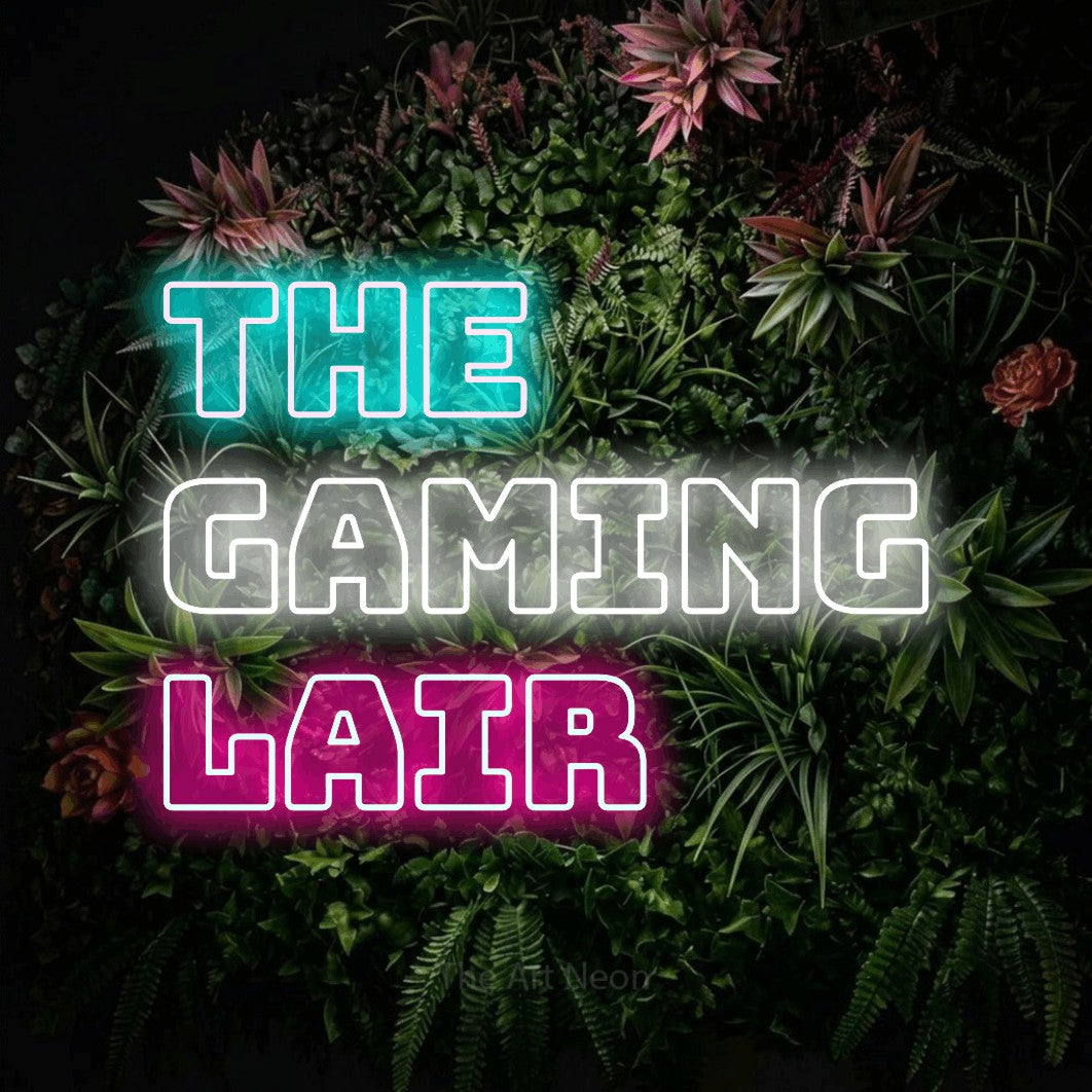 Multicolour outline-style LED neon sign reading "The Gaming Lair" against a flowering garden wall for gaming room décor