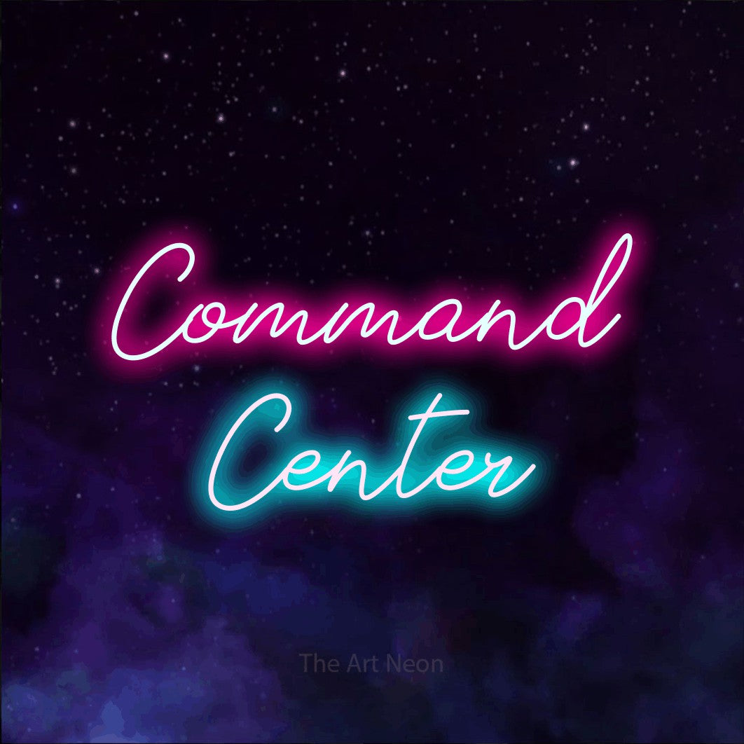 Ice blue and hot pink script-style LED neon sign reading "Command Center" against a purple galaxy background