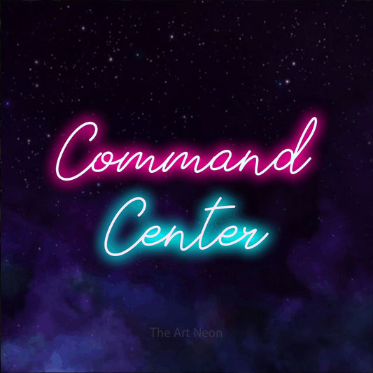 Ice blue and hot pink script-style LED neon sign reading "Command Center" against a purple galaxy background