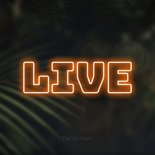 Orange outline-style LED neon sign reading "Live" against dark blurred palm leaves for gaming room décor