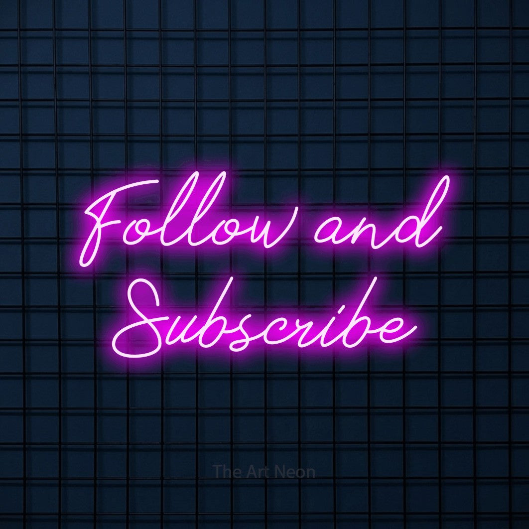 Pink script-style LED neon sign reading "Follow and Subscribe" against a dark blue tiled wall for gaming room décor