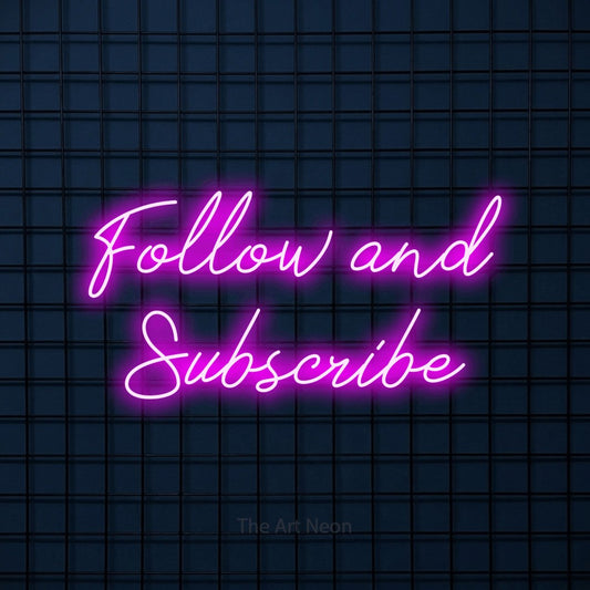 Pink script-style LED neon sign reading "Follow and Subscribe" against a dark blue tiled wall for gaming room décor