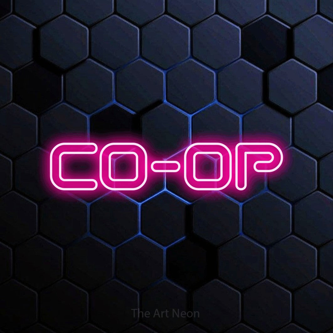 Hot pink outline-style LED neon sign reading "Co-op" against a blue hexagonal wall for gaming room décor