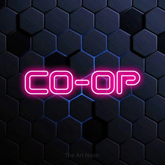 Hot pink outline-style LED neon sign reading "Co-op" against a blue hexagonal wall for gaming room décor