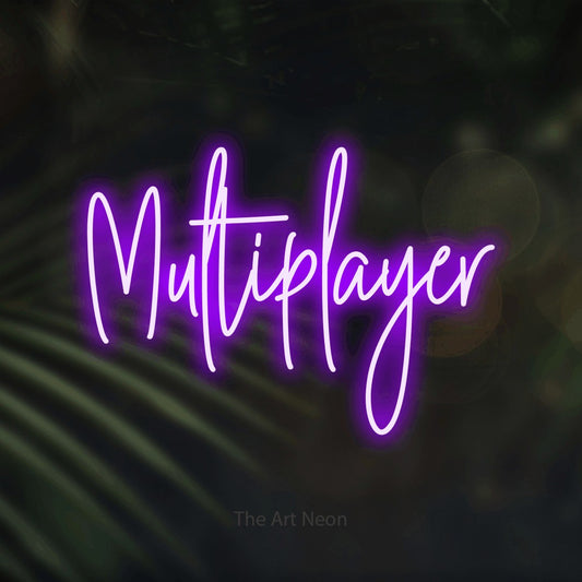 Purple script-style LED neon sign reading "Multiplayer" against dark blurred palm leaves for gaming room décor