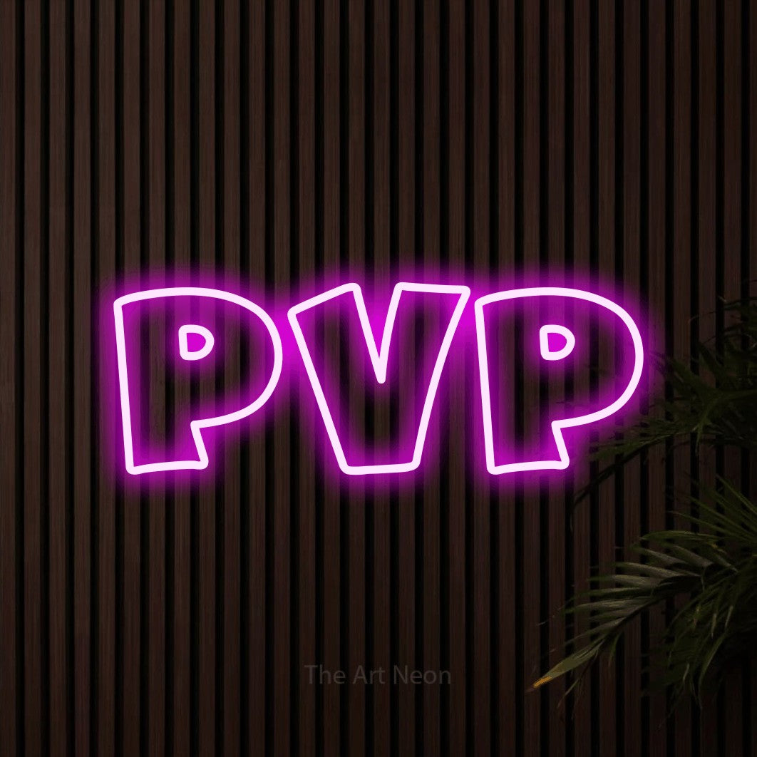 Pink outline-style LED neon sign reading "PvP" against dark wooden slats for gaming room décor