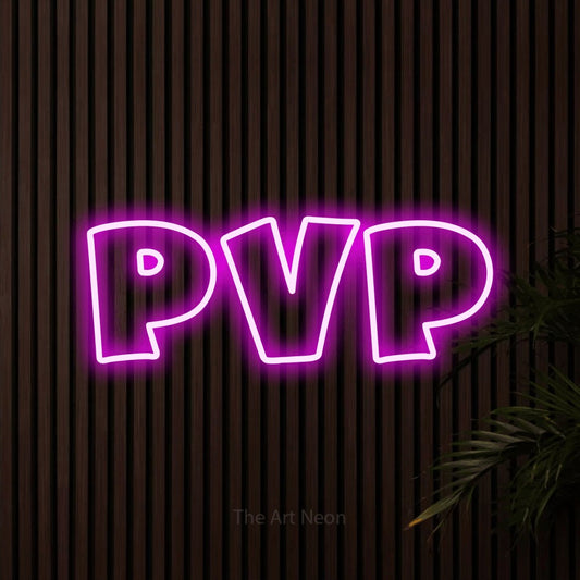 Pink outline-style LED neon sign reading "PvP" against dark wooden slats for gaming room décor