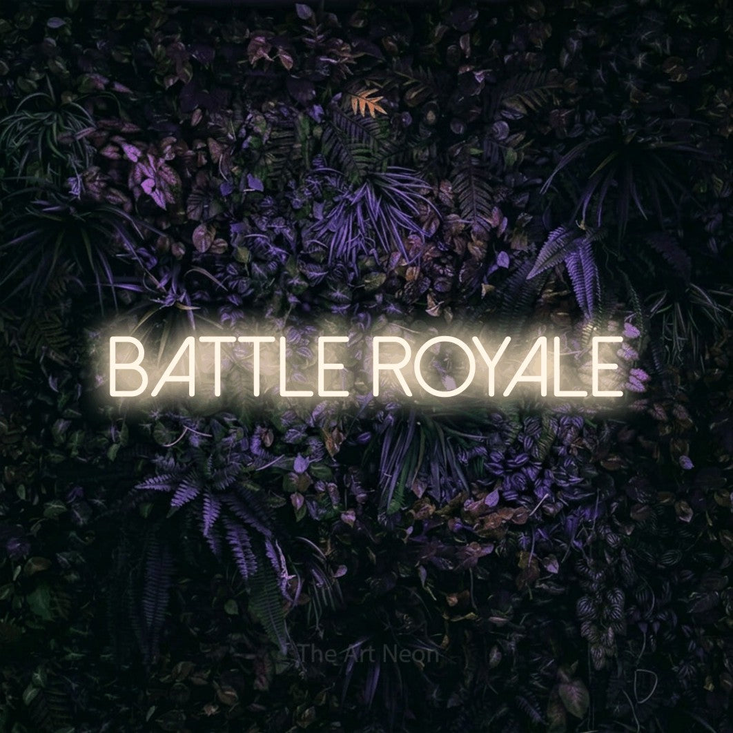 Warm white LED neon sign reading "Battle Royale" against a purple floral wall for gaming room décor