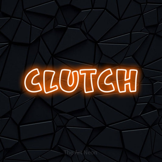 Orange outline-style LED neon sign reading "Clutch" against a black faceted wall for gaming room décor