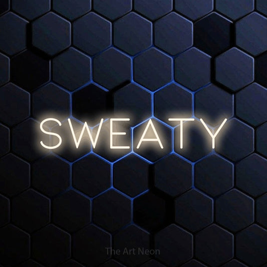 Warm white LED neon sign reading "Sweaty" against a blue hexagonal wall for gaming room décor