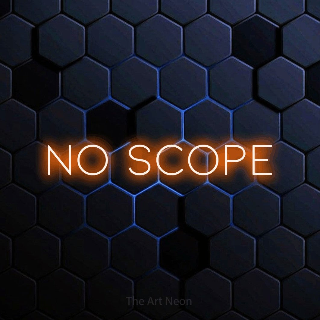Orange LED neon sign reading "No Scope" against a blue hexagonal wall for gaming room décor