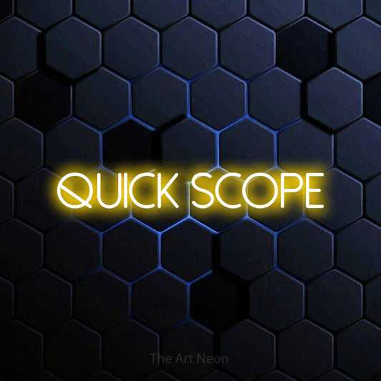 Yellow LED neon sign reading "Quick Scope" against a blue hexagonal wall for gaming room décor