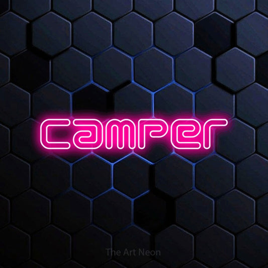 Hot pink outline-style LED neon sign reading "Camper" against a blue hexagonal wall for gaming room décor