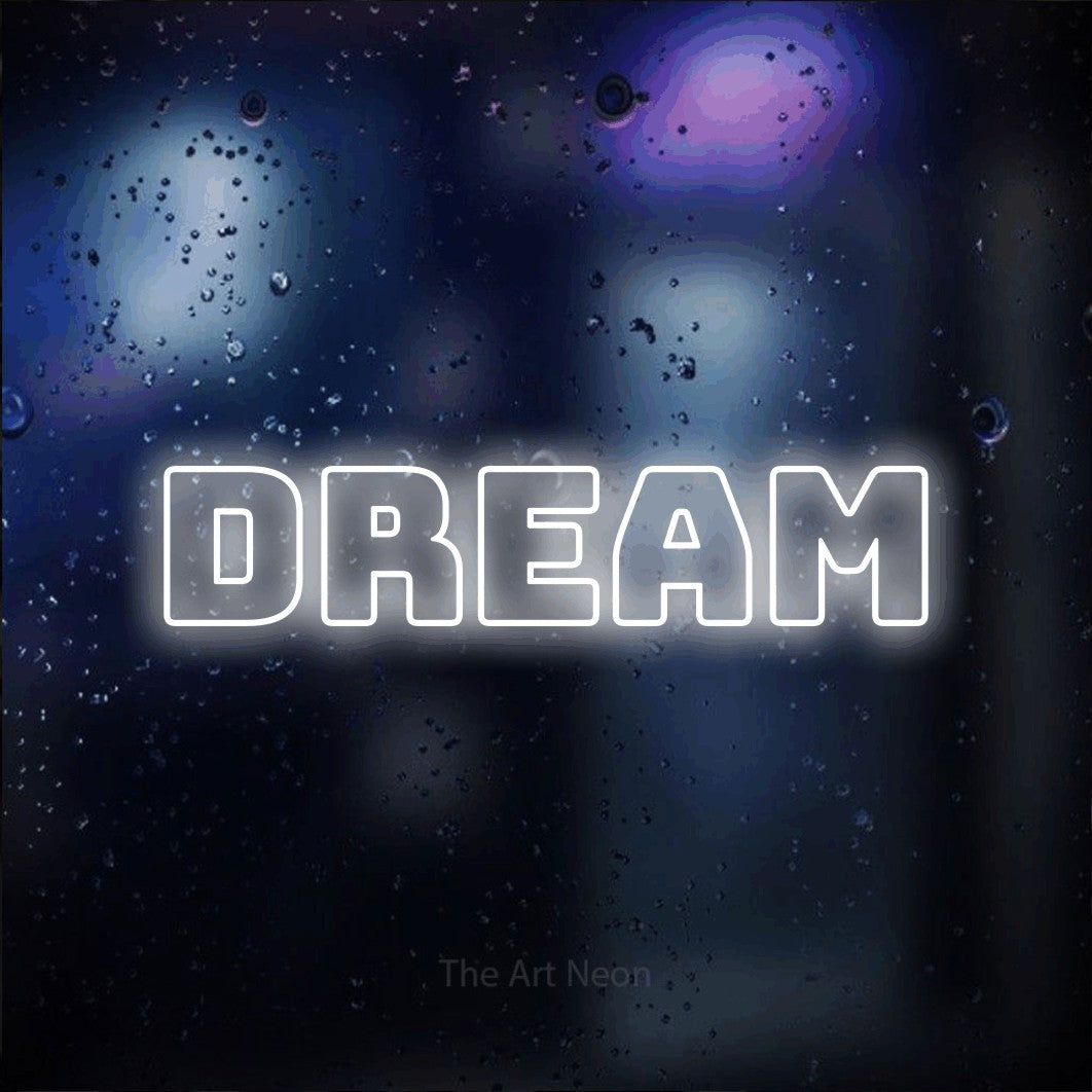 Cool white outline-style LED neon sign reading "Dream" against a dark blue bokeh background