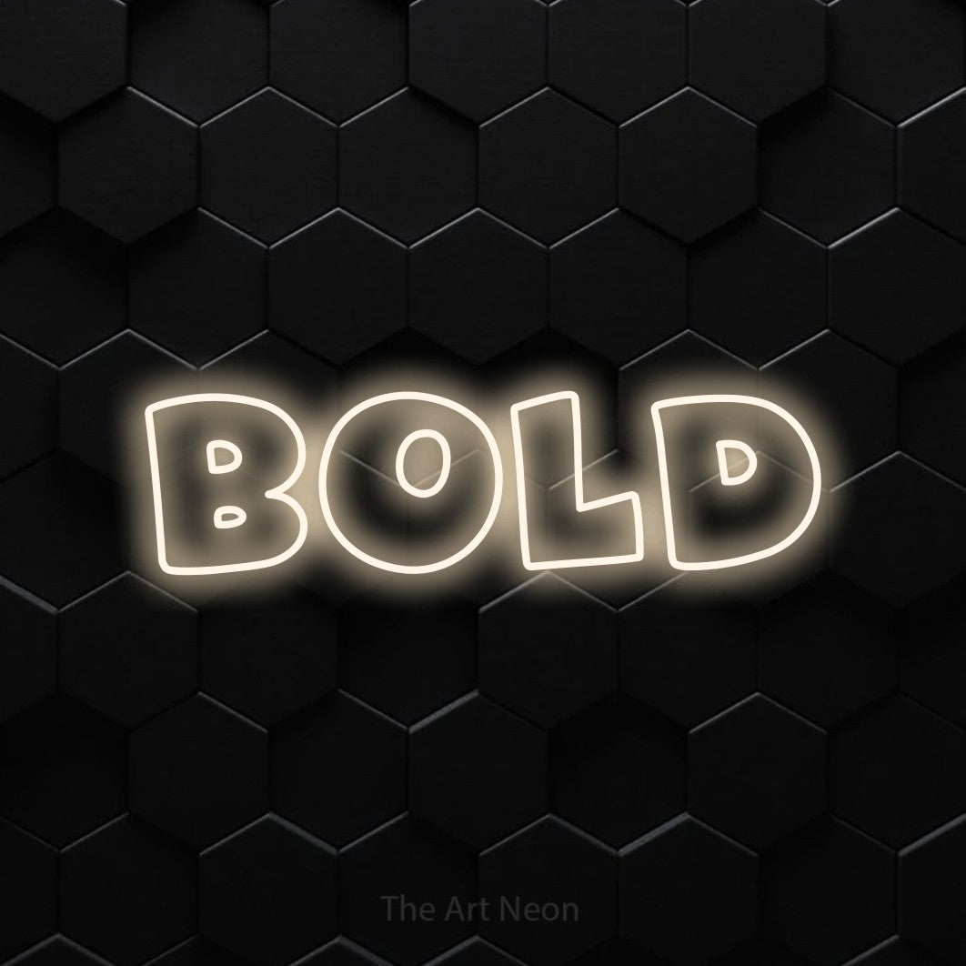 Warm white outline-style LED neon sign reading "Bold" against a black hexagonal wall